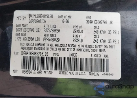 2006 Dodge Ram 1500 Slt из США, поврежденный, VIN 1D7HA18206S710109